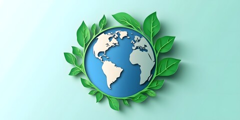 Paper Cut Style Design of Earth with Green Leaves Sprouting Around Globe