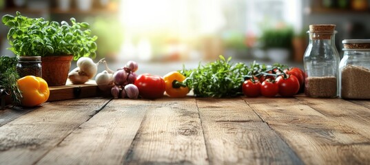 Fresh and Vibrant Farm-to-Table Ingredients Displayed on Rustic Wooden Table in Kitchen Setting with Natural Light Streaming In