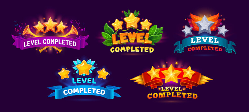 Level complete game asset icons, level up vector badges, award and reward medals. Cartoon gold and stone stars icons set with fire flames, confetti and fanfare, green leaves and ribbon banners