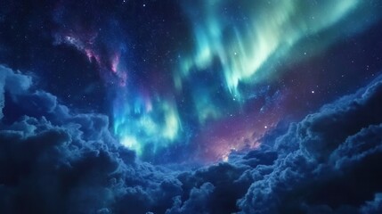 Majestic Aurora Borealis Display Above Dramatic Cloudscape, Night Sky Starry Spectacle.