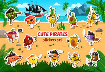 Cartoon pirate and corsair fruit characters stickers pack. Watermelon, orange, pineapple and pear, banana, apple fruit funny pirate sailors funny personages on treasure island shore vector stickers