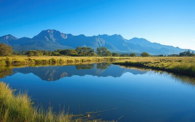Fototapeta premium Serene Mountain Reflection Majestic Peaks Reflected in Calm Lake Water, Clear Blue Sky