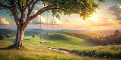 Whimsical Pastel Tree with Swing in Tranquil Countryside - Tilt-Shift Photography for Creative Design