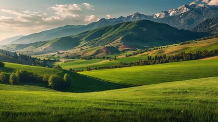 Lush Green Valley with Rolling Hills and Snowy Mountains Under Cloudy Sky in Bright Daylight Scenery