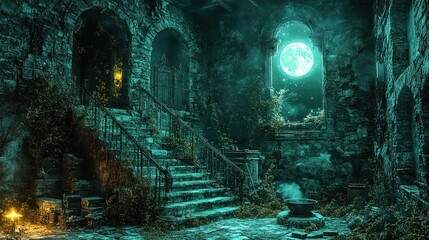 Moonlit ruins, overgrown stone staircase, mysterious night scene.