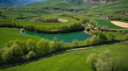 Obraz premium Scenic Aerial View of Green Lake Surrounded by Lush Forest and Rolling Hills in a Vibrant Landscape on a Bright Sunny Day