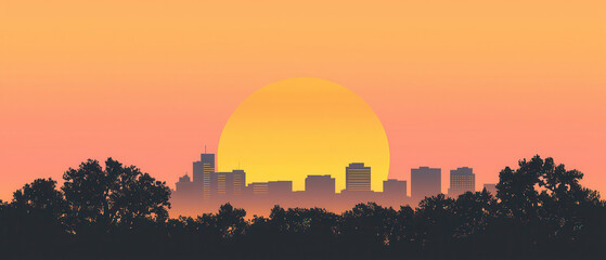minimalist cityscape silhouette against vibrant sunset. sun casts warm glow over skyline, creating serene atmosphere