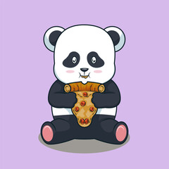 Cheesy Panda Feast: Cute Chubby Panda Enjoying a Melty Pepperoni Pizza Slice in Adorable Cartoon Style