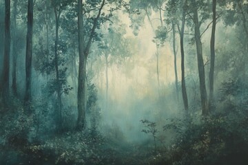 Obraz premium Atmospheric Oil Painting of a Misty Forest with Soft Light