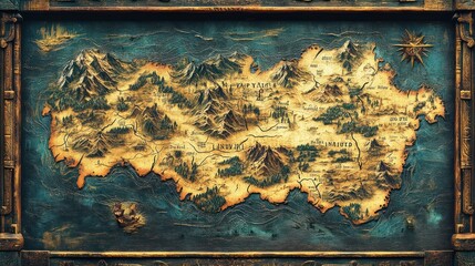 Antique framed map of an island with mountains, forests, and rivers.
