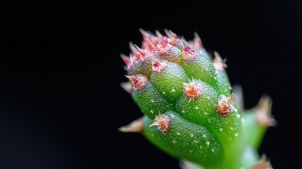 Close-up of a succulent cactus bud, vibrant green and red.  Possible use  Botanical illustration