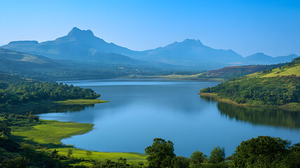 Naklejka premium Serenity of a Sprawling Reservoir Encircled by Lush Greenery and Majestic Mountains Amidst a Clear Sky