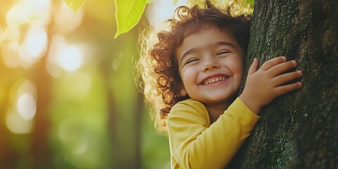 Smiling Child Hugging Tree in Joyful Connection with Nature