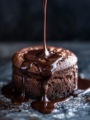 Chocolate soufflé with warm chocolate sauce dripping from the top