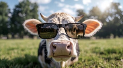 Obraz premium Cool Cow in Sunglasses Farm Animal Summer Meadow Happy