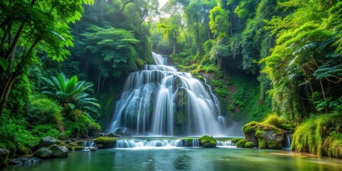 Fototapeta premium waterfall surrounded by lush forest trees and vegetation in a serene natural setting with greenery and foliage, natural beauty, outdoor environment