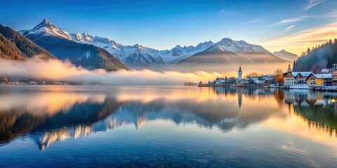 Serene lake Millstatt at dawn with misty atmosphere and snow-capped mountains in the background, Austria, lake,  Austria