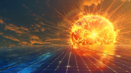A drone inspecting solar panels in a vast renewable energy field.

