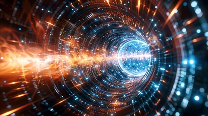 Abstract Futuristic Tunnel with Glowing Particles and Motion Blur in Vibrant Colors