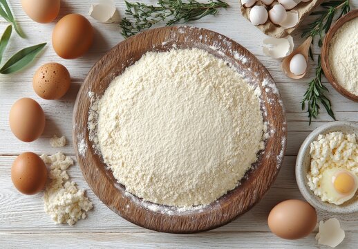 Fresh Baking Ingredients Spread on Wooden Table with Flour, Eggs, and Herbs for Culinary Inspiration in a Cozy Kitchen Setting