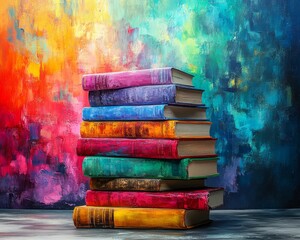 A vivid stack of colorful books against a bright, abstract background.