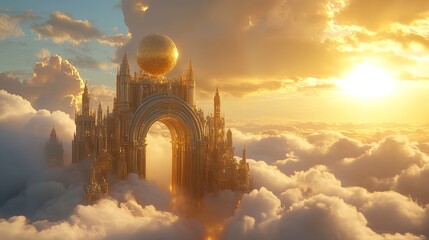 Majestic golden city of heaven floating in the clouds landscape background