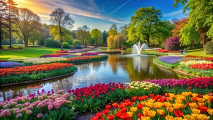 Colorful flower fields in a serene park setting with lush greenery and tranquil water features, beautiful parks, natural scenery