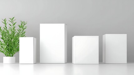 Minimalist arrangement of white boxes alongside a green plant on a neutral background.