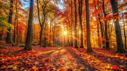 Warm sunlight filtering through the canopy above illuminates a carpet of vibrant autumn leaves scattered on the forest floor in hues of orange, red, and yellow , outdoors, woodsy landscape