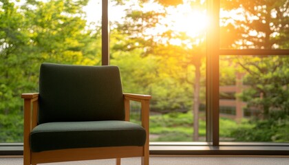 Fototapeta premium A cozy chair by a large window with sunlight streaming through the trees outside.