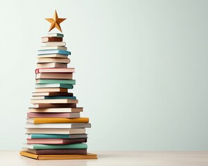 A creative stack of books arranged like a Christmas tree with a star on top.