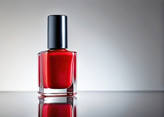 Sleek red nail polish bottle, pristine white backdrop.  Fashionable beauty product photography.