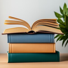 Naklejka premium A stack of colorful books with an open book, perfect for education and relaxation.