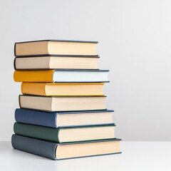 A stack of neatly arranged colorful books on a clean table surface.