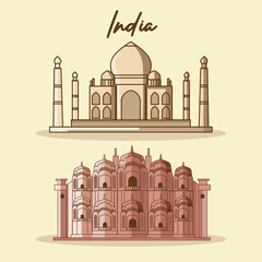 illustration of Famous Indian monument and Landmark like Taj Mahal and Hawa Mahal Jaipur