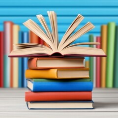 A vibrant stack of books with one open book revealing its pages, promoting reading.