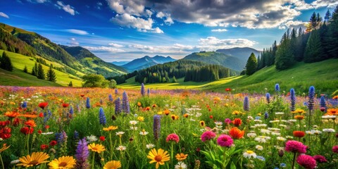 Vibrant flowers blooming in a lush green meadow surrounded by rolling hills and towering trees with a bright blue sky above, colorful, wildflowers