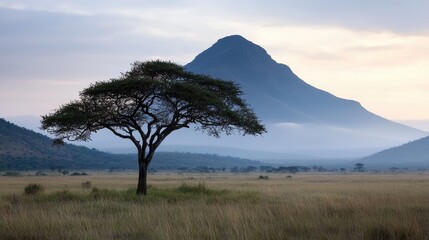 Sunrise over African savanna with lone acacia tree. Possible use Nature photography, travel brochure, environmental awareness