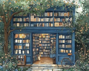 Charming bookshop nestled amidst nature, inviting readers to explore its literary treasures.
