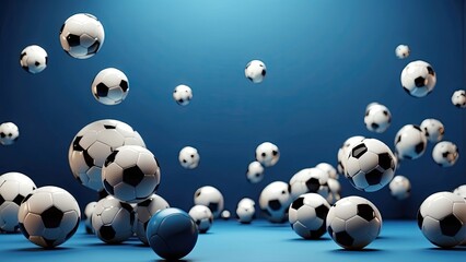 A collection of soccer balls appears to be floating against a solid light blue background.