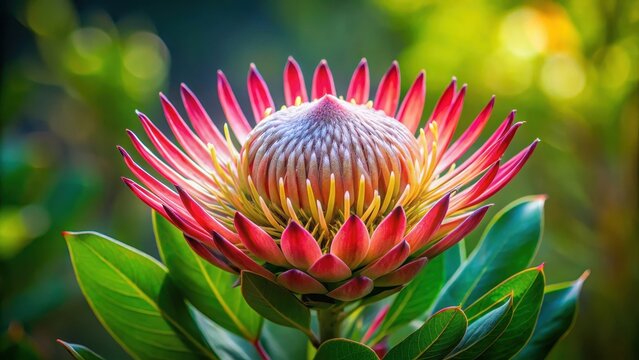 Elegant Madiba Protea flower on a lush vibrant green background with intricate details and texture, showcasing its unique beauty and natural splendor , Madiba Protea flower, flower