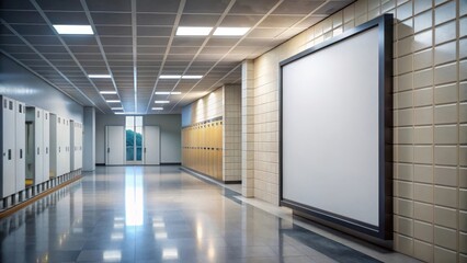 Obraz premium A large empty poster frame hanging on a wall in a university campus corridor with fluorescent lights and lockers in the background , campus atmosphere, lockers