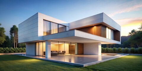 Fototapeta premium Geometric shapes blend with minimalist architecture in a modern house abstract rendering , architectural rendering, clean lines