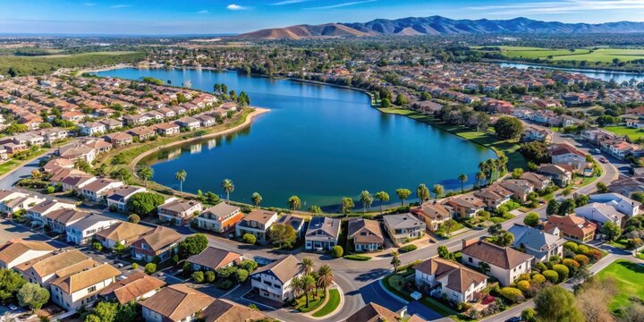Aerial view of Eastlake neighborhood in Chula Vista with its lake and surrounding homes