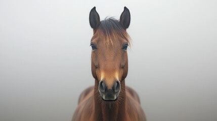 Obraz premium Horse portrait in misty landscape; tranquil moment; nature scene; wildlife photography; use in nature-themed publications or websites