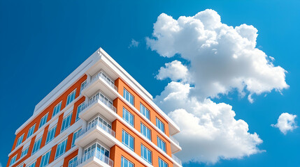 Modern orange apartment building under blue sky