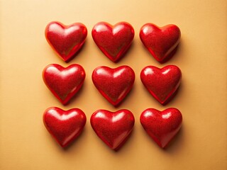Obraz premium Sunny city streets, nine red hearts scattered, joyful flat lay.