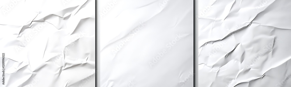 Leinwandbilder crumpled white paper texture with varying degrees of folds and creases in a triptych layout.