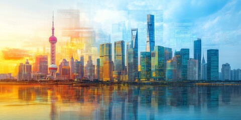 Fototapeta premium Shanghai cityscape featuring modern architecture and water reflection