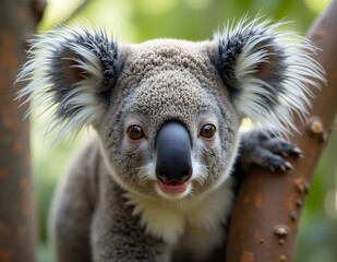 Obraz premium Koala with black round nose and big ears, natural charm of exotic animals calm with tight hug on tree trunk gives the impression of tranquility in the beauty of nature